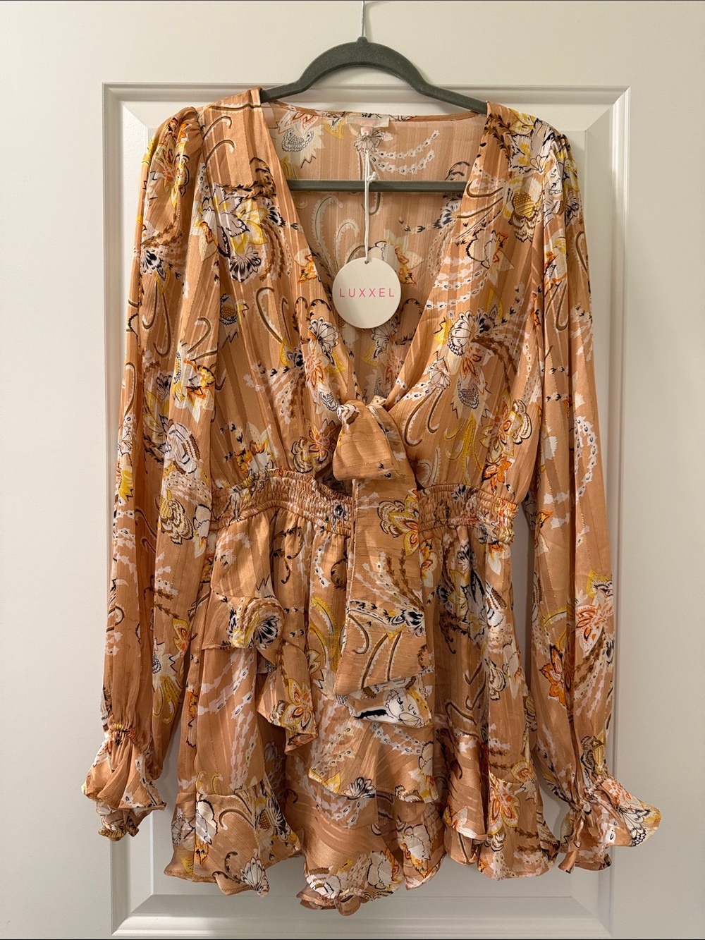 Luxxel Peach Floral Tie-Front Romper with Ruffle Hem
